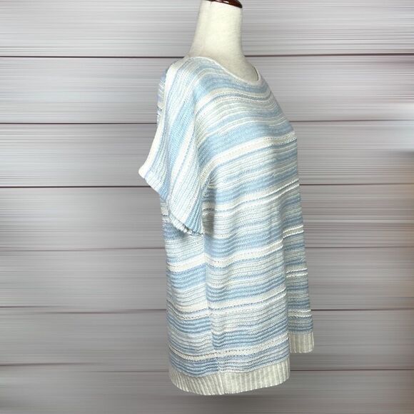 St. John Cashmere Linen Striped V Back Short Sleeves Sweater Top - Picture 3 of 14